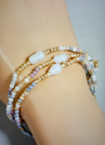 Pink Faceted And Fresh Water Pearl Beads Bracelet Set