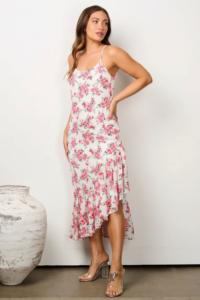 High-low floral dress with ruffle detail
