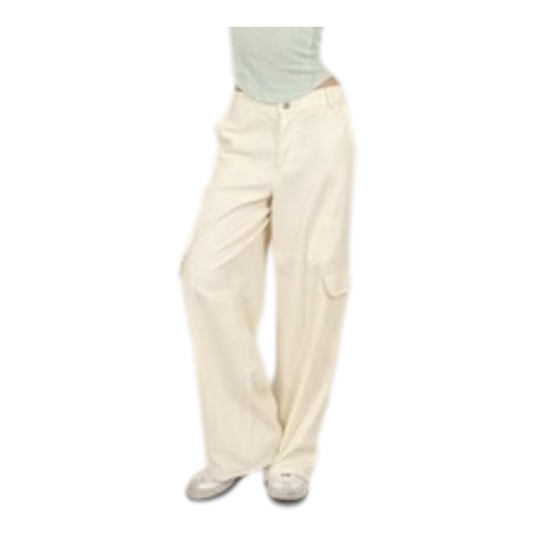 Cream Elastic Waist Wide - Leg Cargo Pants