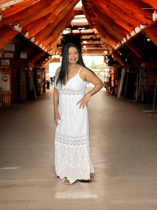 White Strapped Long Eyelet Dress