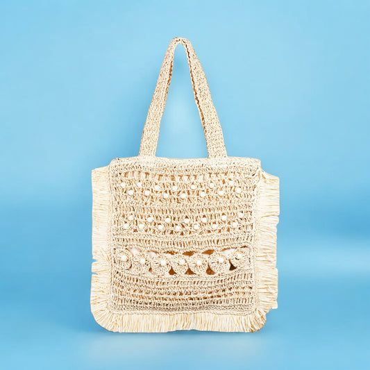 Straw Braided Fringe Square Tote Bag