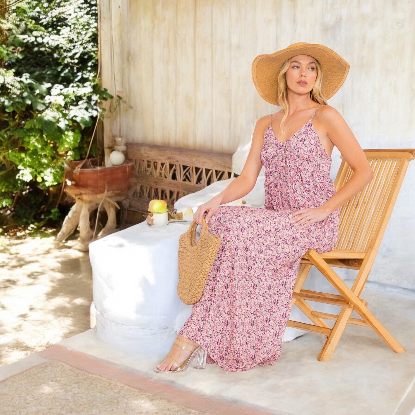 PINK ADJUSTABLE STRAP FLORAL TIERED MAXI SUN DRESS