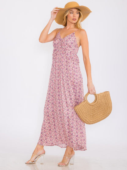 PINK ADJUSTABLE STRAP RUFFLE FLORAL TIERED MAXI SUN DRESS
