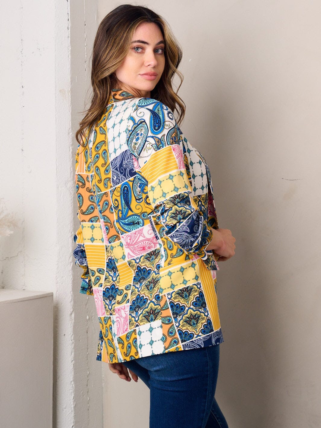 YELLOW/ BLUE PAISLEY, GEOMETRIC PATTERN 3/4 SLEEVE BLAZER