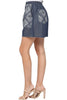 Dark denim shorts with printed pocket detail, model view