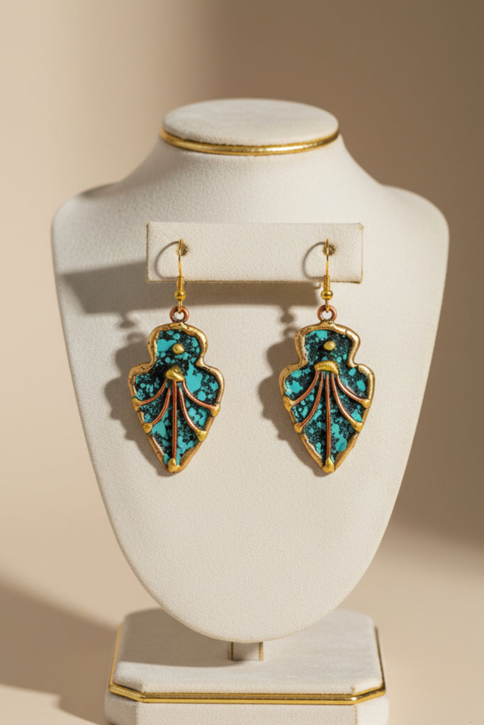 Arrow shaped brass copper blue green patina earrings
