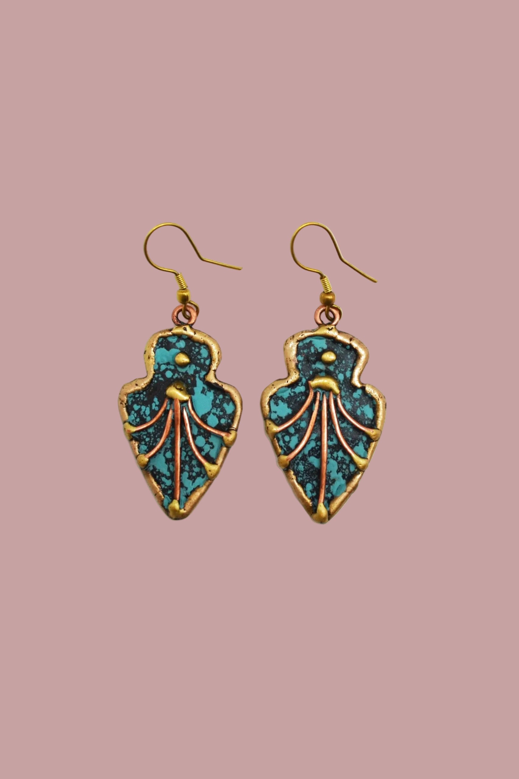 Arrow Shaped Brass and Copper with Blue and Green Patina Earrings