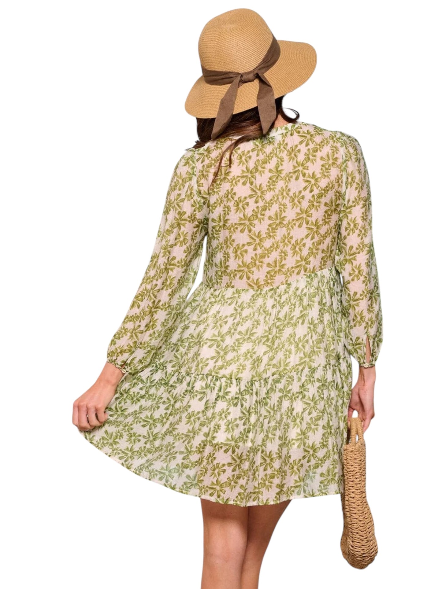 GREEN FLORAL V-NECK TUNIC MINI DRESS