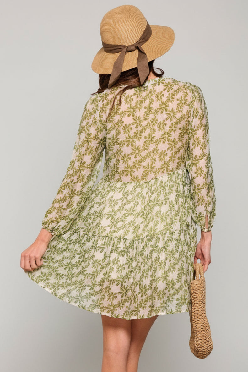 GREEN FLORAL V-NECK TUNIC MINI DRESS