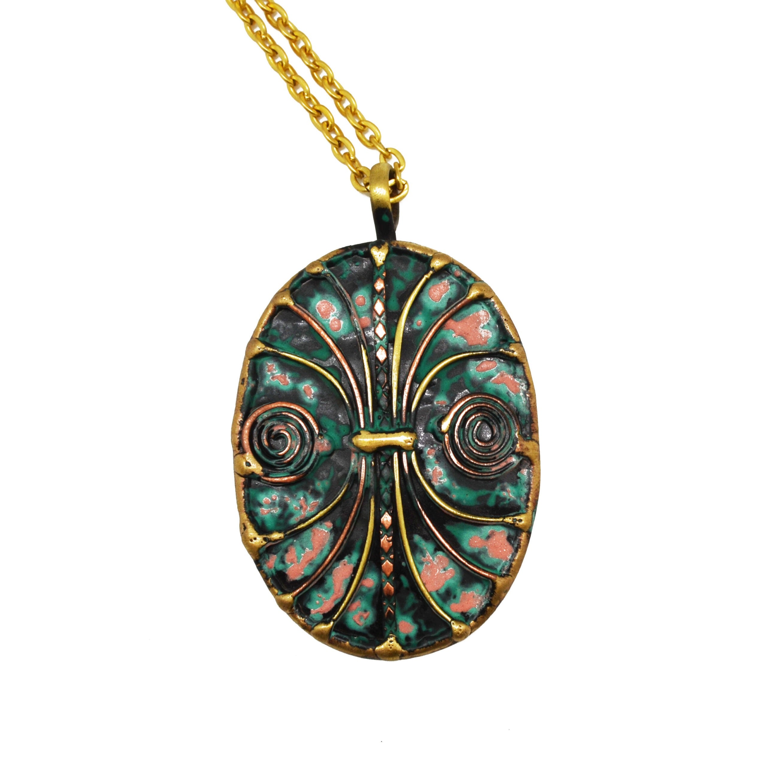 Brass and Copper with Blue/Green Patina Oval and spirals necklace