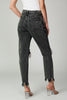 Black distressed denim pants, side view