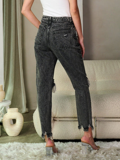 BLACK BUTTON CLOSURE DISTRESS WASHED DENIM PANTS
