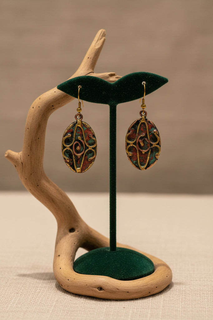 Brass copper oval patina earrings in red and aqua blue
