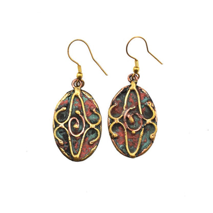 Brass and Copper with Red and Aqua Blue Oval Patina Earrings