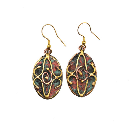 Brass and Copper with Red and Aqua Blue Oval Patina Earrings
