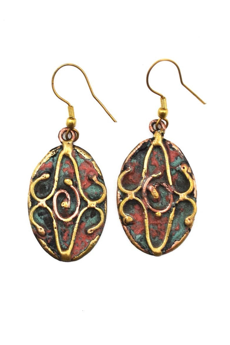 Brass and Copper with Red and Aqua Blue Oval Patina Earrings
