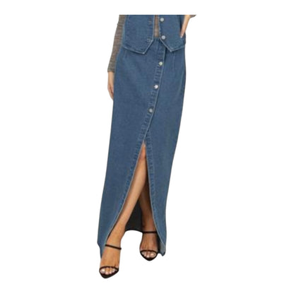 Long Dark Denim Button Front Skirt