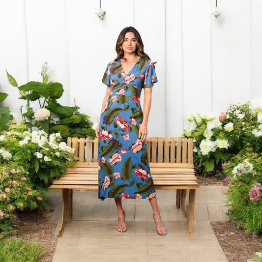 TROPICAL HIBISCUS  BLUE FLORAL MIDI DRESS