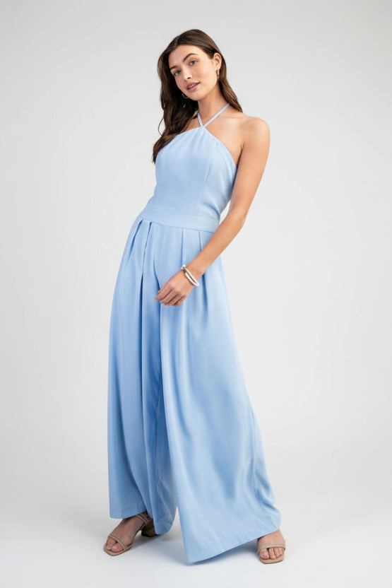Light blue flowing wide-leg jumpsuit