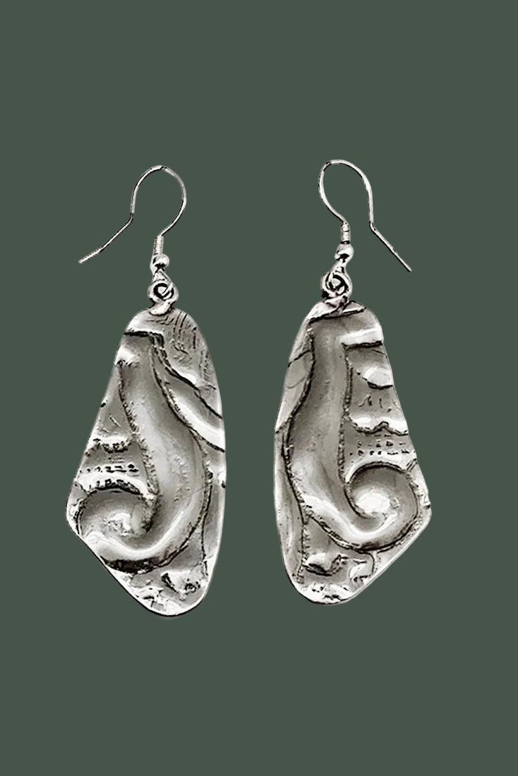Handmade Kashi Earring, antiqued silver, embossed