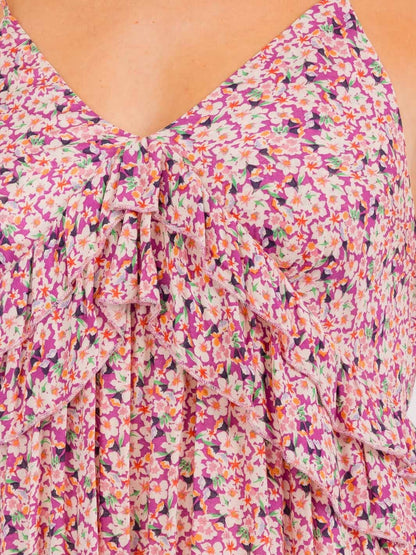PINK ADJUSTABLE STRAP RUFFLE FLORAL TIERED MAXI SUN DRESS