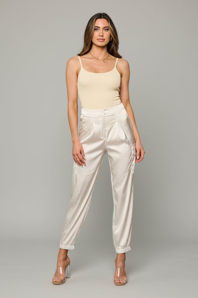 High-waist satin joggers with cargo pockets