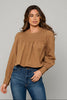 Brown long-sleeve smock-detailed top, front view