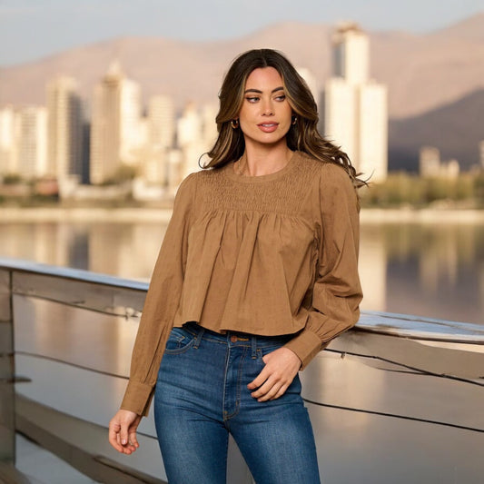 BROWN LONG SLEEVE SMOCK DETAILED TOP