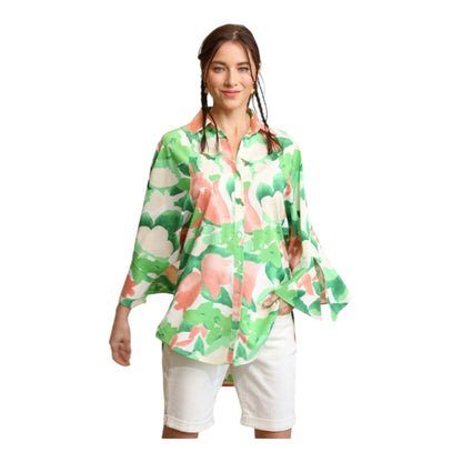 Dolman Sleeves Floral Print Button Down Shirt