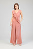 Rose diagonal ruffle jumpsuit in 100% polyester, styled on model