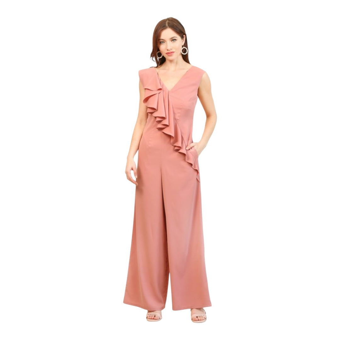 BLUSH CASCADE RUFFLE WIDE LEG JUMPSUIT