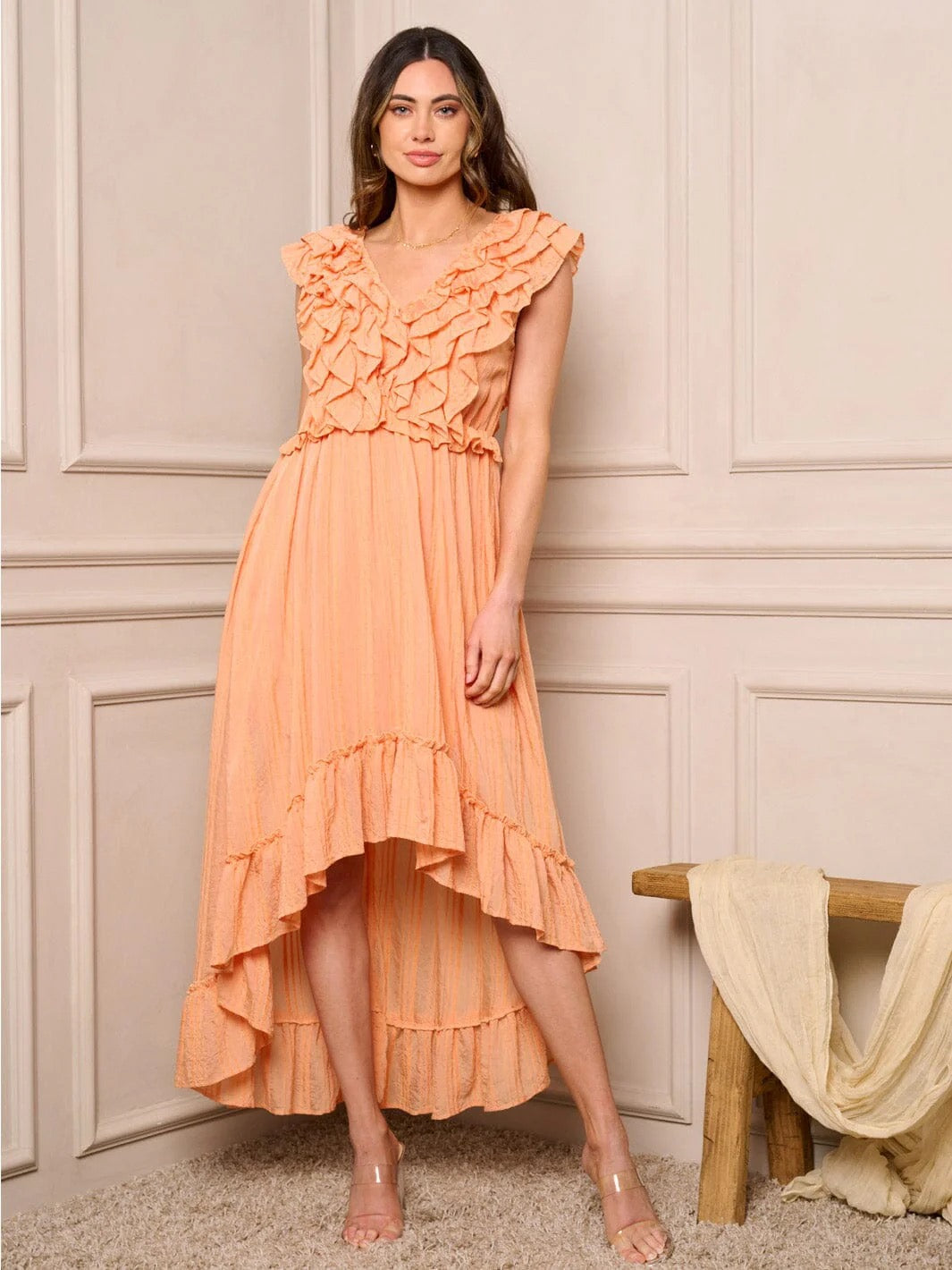 SLEEVELESS RUFFLE FRONT HIGH-LOW MIDI DRESS