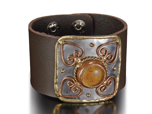 Handmade Genuine leather bracelet with Heart Shaped mixed metals