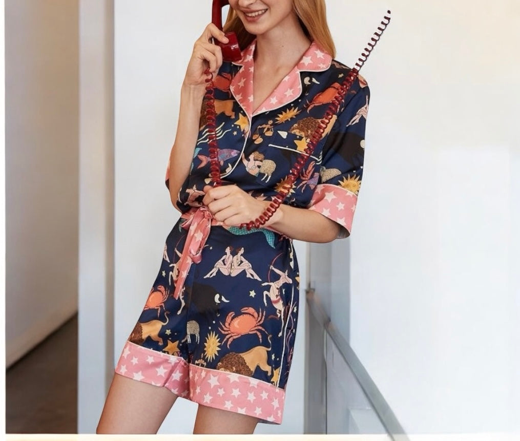 Star Trim Blue Astrology Print Two Piece Pajama Set