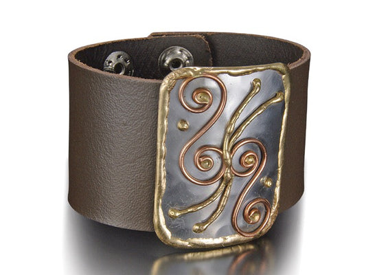 Handmade Genuine leather bracelet with mixed Swirl metals