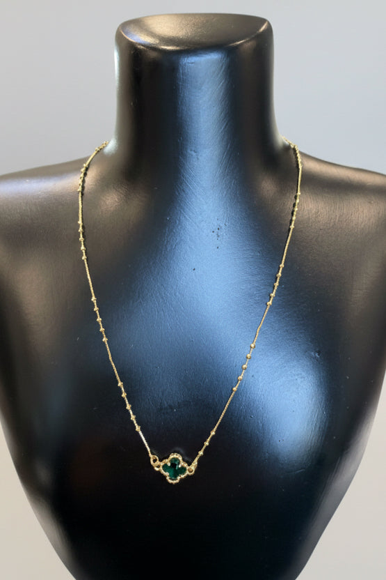 Gold Dipped Emerald Rhinestone Clover Pendant Necklace