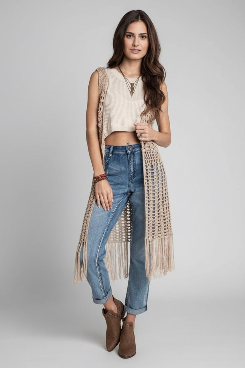 Mandala Design Crochet Fringe Hem Boho Vest