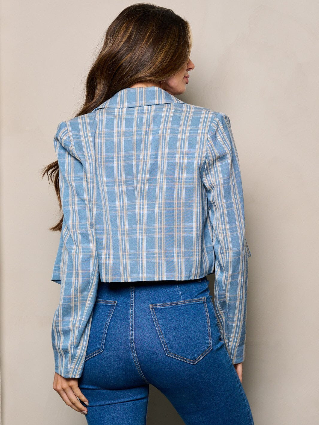 BLUE LONG SLEEVE LIGHTWEIGHT BUTTON CLOSURE PLAID BLAZER