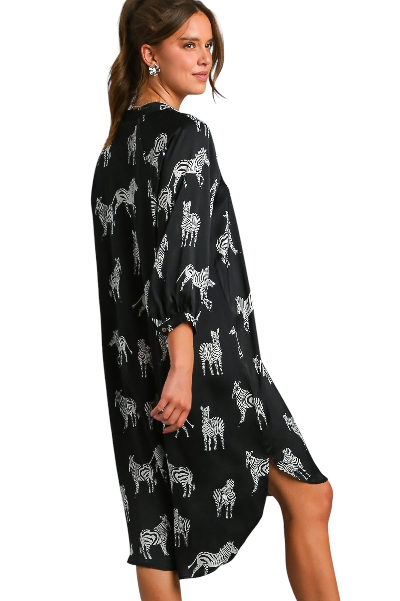 Satin Zebra Print Button Down High Low Hen Midi Dress