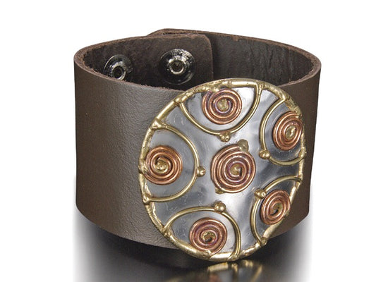 Handmade Genuine leather bracelet with Circle mixed metals