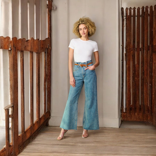 BLUE BUTTON CLOSURE HIGH WAIST BELTED WIDE LEG DENIM PANTS