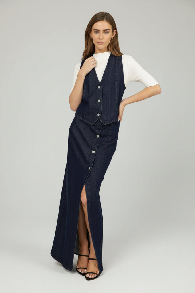 Long dark denim button-front skirt