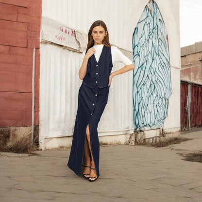 Long Dark Denim Button Front Skirt