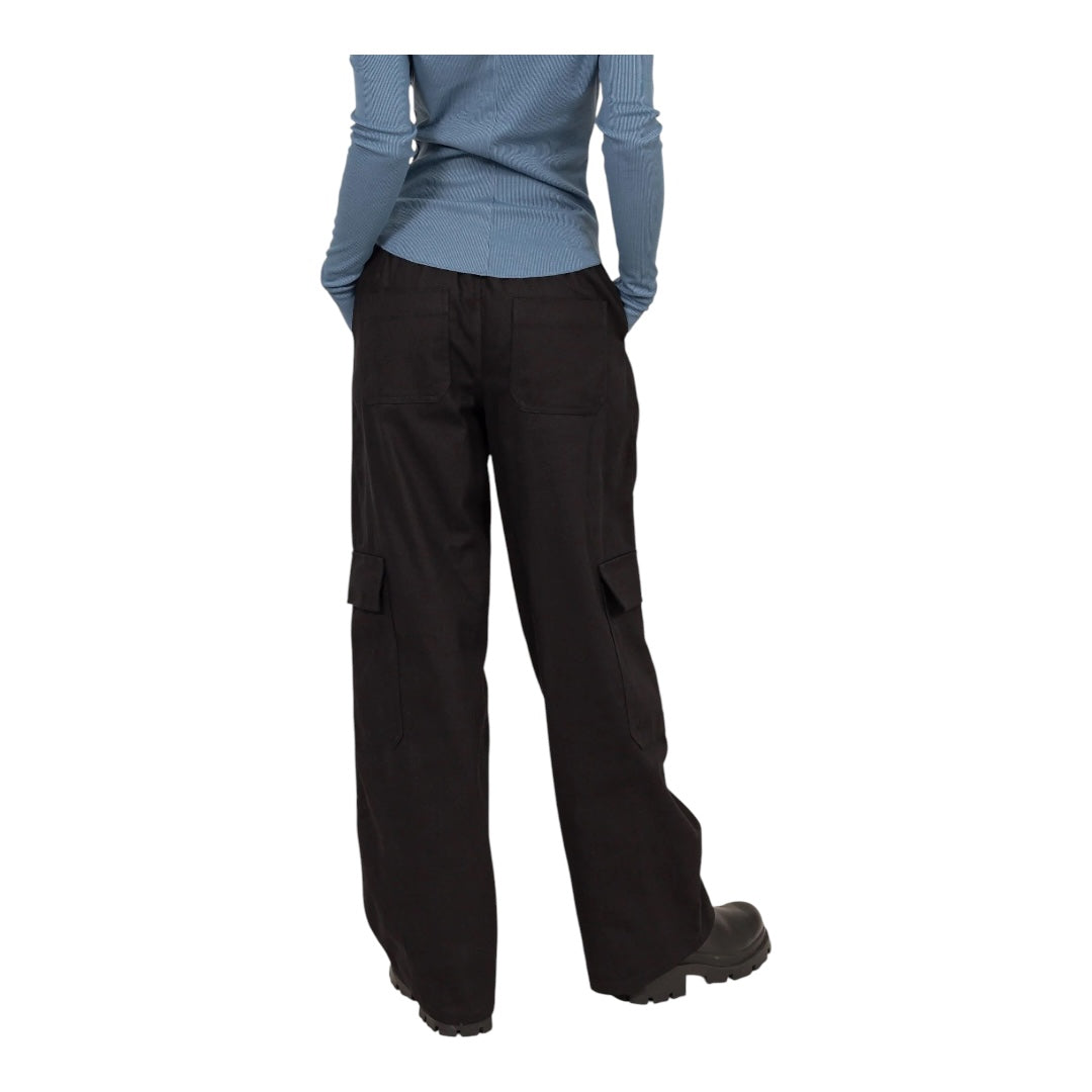 Black Elastic Waist Wide - Leg Cargo Pants