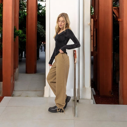 Khaki Washed Twill Cinched Hem Pants