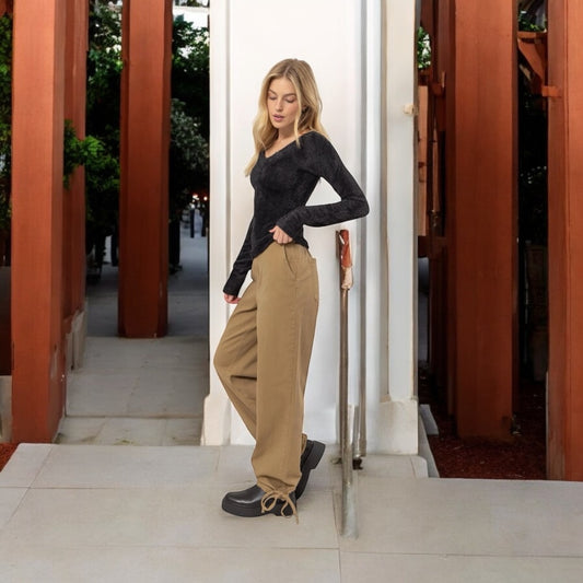Khaki Washed Twill Cinched Hem Pants