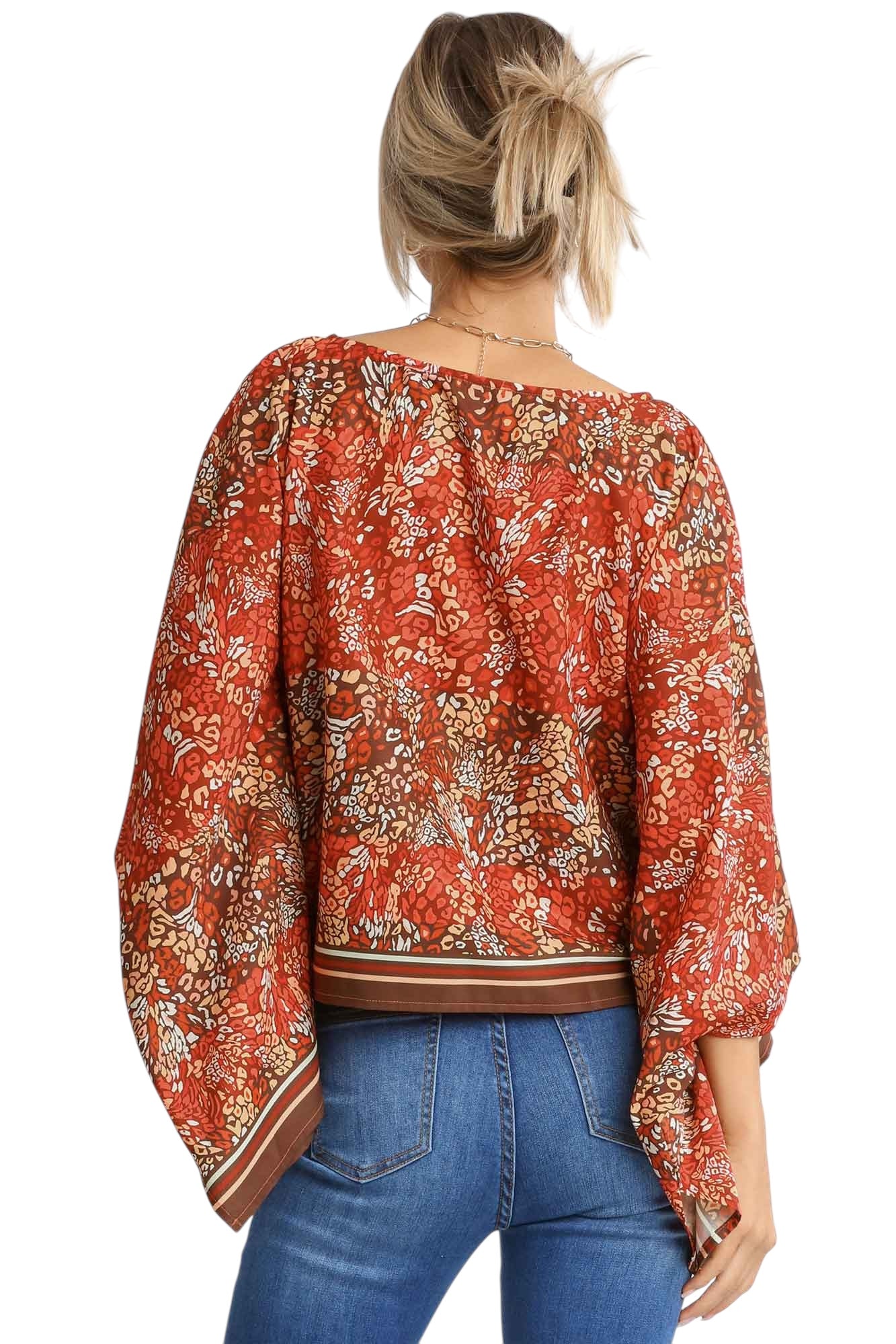 Animal Print Kimono 3/4 Sleeve Boat Neck Top