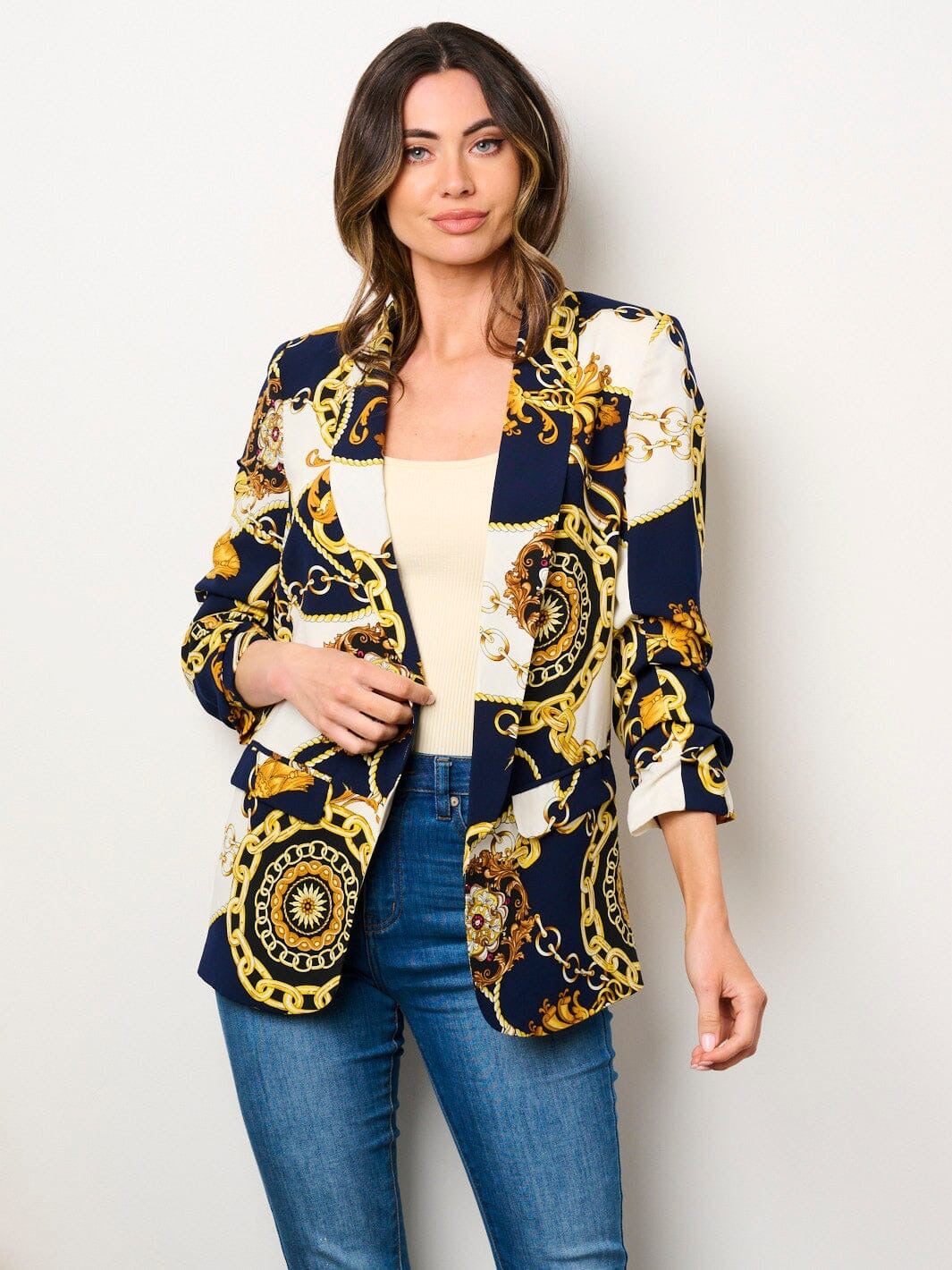 DONATELLA V. 3/4 RUCHED SLEEVES OPEN FRONT POCKETS PRINTED BLAZER