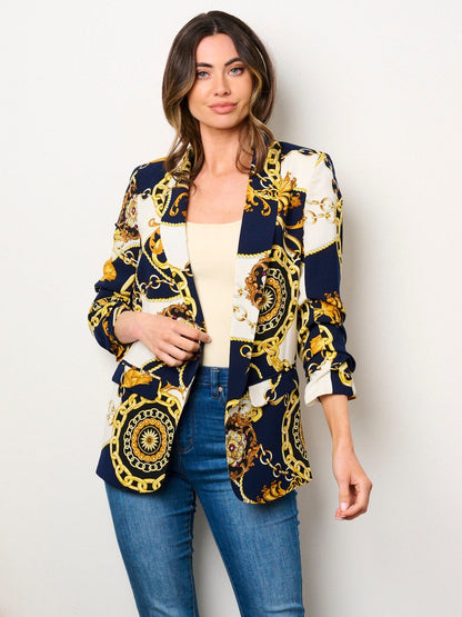 DONATELLA V. 3/4 RUCHED SLEEVES OPEN FRONT POCKETS PRINTED BLAZER