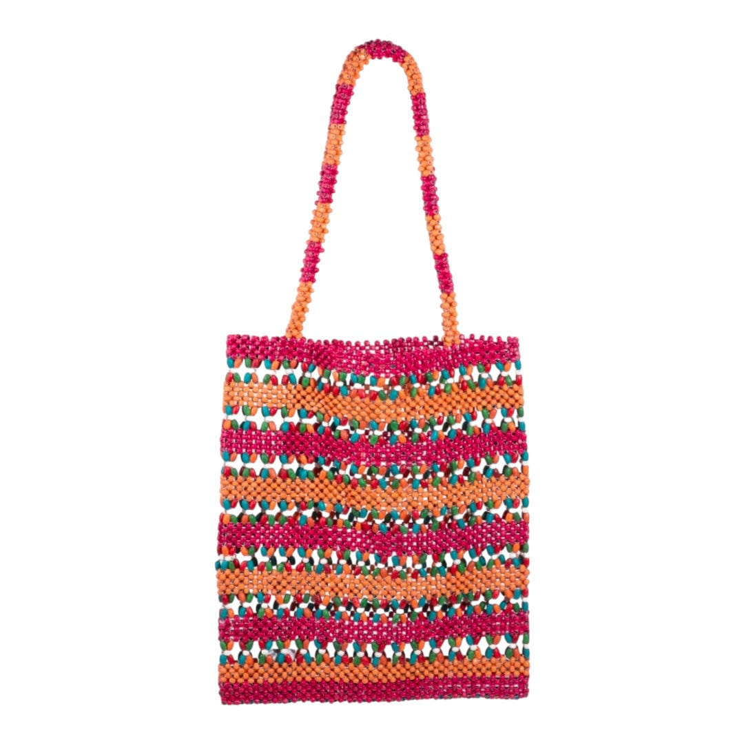 Green, Blue and White Vibrant Wooden Beaded Tote Bag